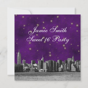 NYC Skyline #3 Lila Gold Star Sweet 16 Einladung