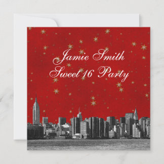 NYC Skyline #3 Red Gold Star Sweet 16 Einladung