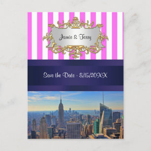 NYC Skyline B2 Rosa Weißer Streifen Save the Date Ankündigungspostkarte