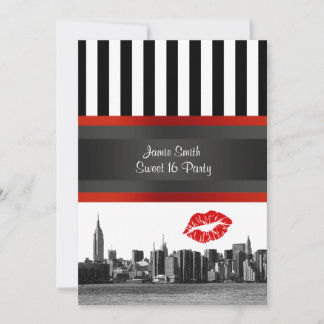 NYC Skyline Bk Wht Strp Red Kiss Sweet 16 Party Einladung