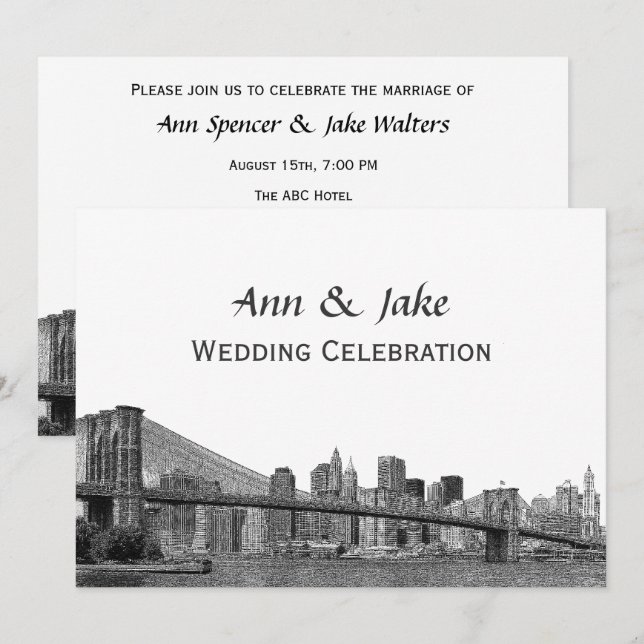 NYC Skyline Bklyn Bridge Etched #2SQH Wedding Einladung (Vorne/Hinten)