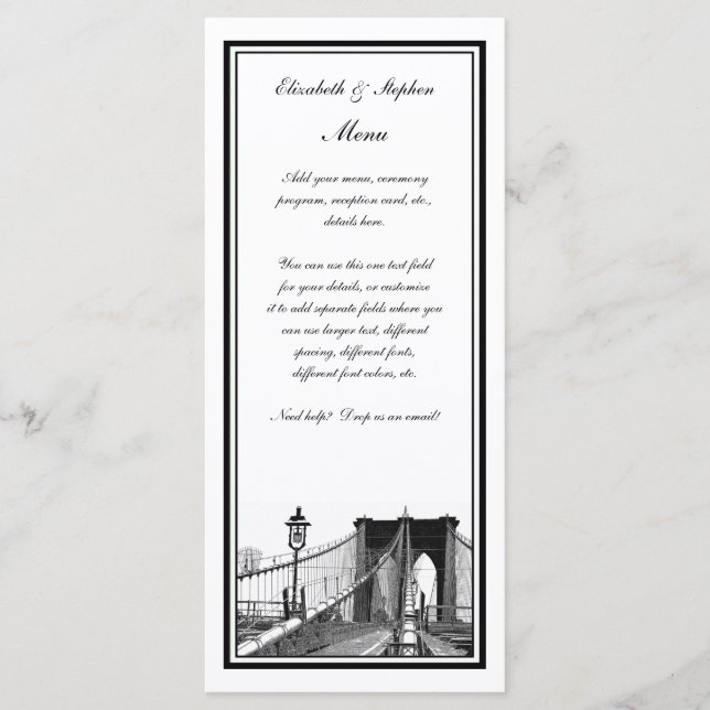 NYC Skyline Brooklyn Bridge #2 Etched Gerahmt Menükarte (Vorderseite)