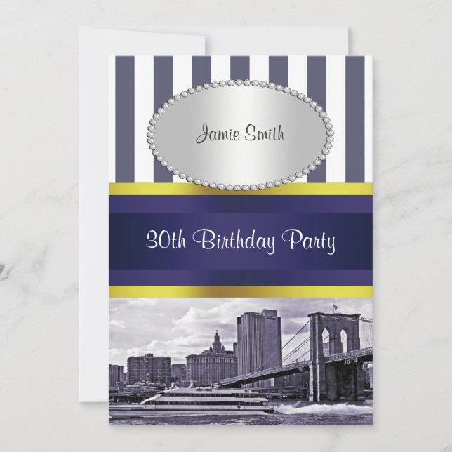 NYC Skyline Brooklyn Bridge Boat Blue Wt2 Geburtst Einladung (Vorderseite)
