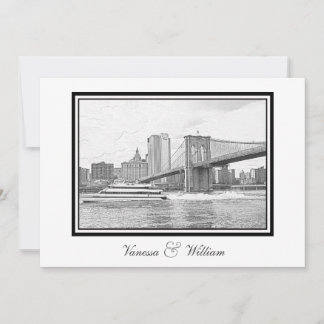 NYC Skyline Brooklyn Bridge Boat BW Etchd Wedding Einladung