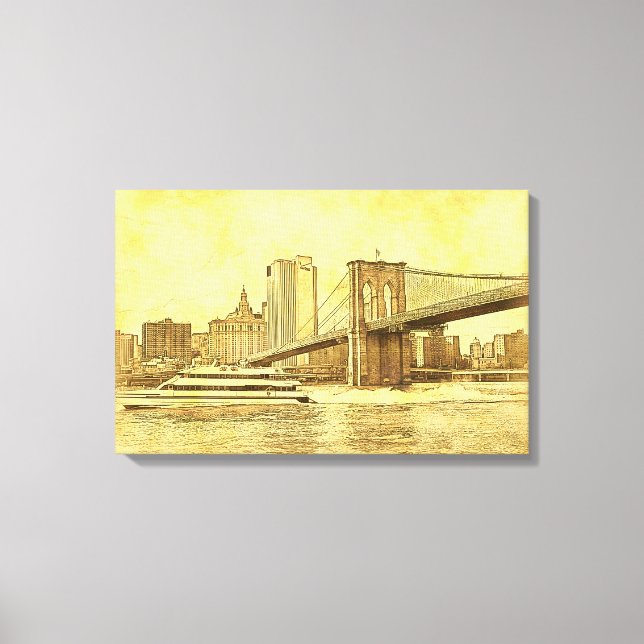 NYC Skyline Brooklyn Bridge Boat Etched Look #1BR Leinwanddruck (Vorderseite)