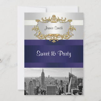 NYC Skyline BW 05 White Navy Blue Sweet 16 Einladu Einladung