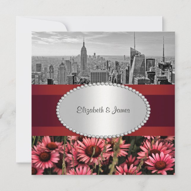 NYC Skyline BW 1A Hochline Blume 1 Hochzeit Einladung (Vorderseite)