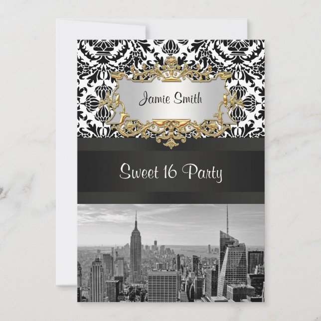 NYC Skyline BW 431 Damask Sweet 16 Party Invite V Einladung (Vorderseite)