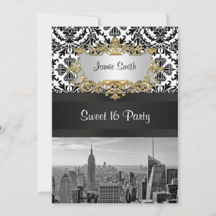 NYC Skyline BW 431 Damask Sweet 16 Party Invite V Einladung