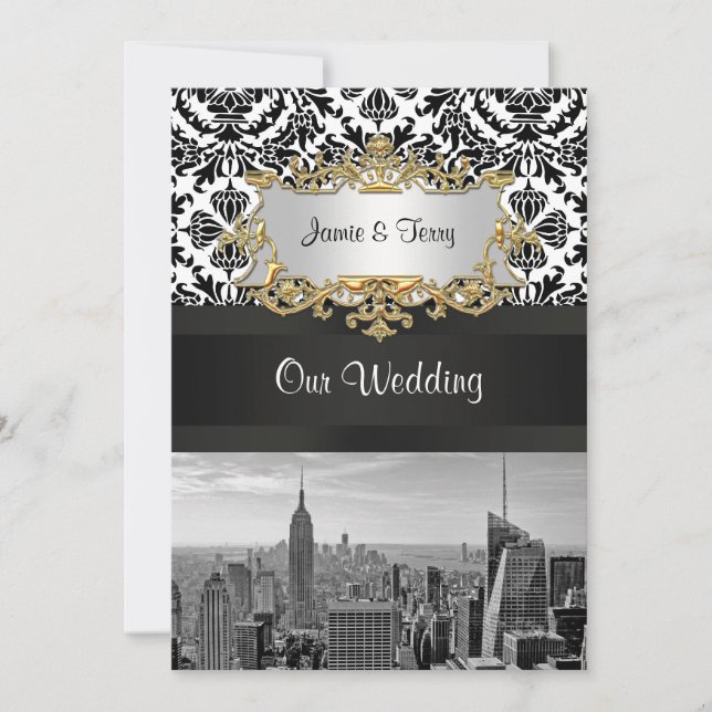 NYC Skyline BW 431 Damask Wedding Invitation V Einladung (Vorderseite)