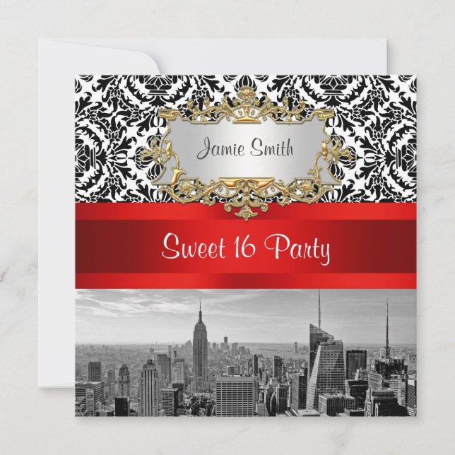 NYC Skyline BW 432 Damask - Sweet 16 Party Einladu Einladung (Vorderseite)