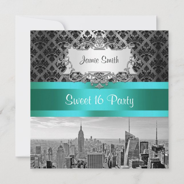 NYC Skyline BW B3 Damask - Sweet 16 Party Einladun Einladung (Vorderseite)