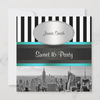 NYC Skyline BW Blk Wht Strp Aquamarin P Sweet 16 P Einladung
