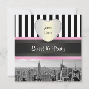 NYC Skyline BW Blk Wht Strp Pink H Sweet 16 Party Einladung