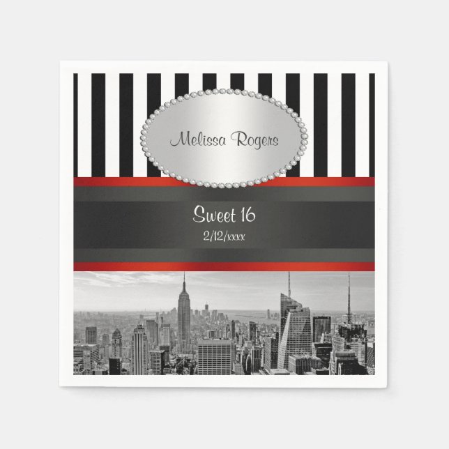 NYC Skyline BW Schwarz-weiß Stripe P Sweet 16 Serviette (Vorderseite)