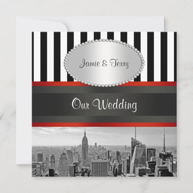 NYC Skyline BW Schwarz-weiß Stripe P Wedding Einla Einladung (Vorderseite)