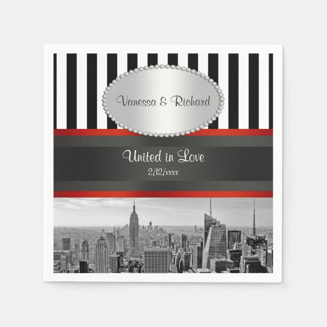 NYC Skyline BW Schwarz-weiß Stripe P Wedding Serviette (Vorderseite)
