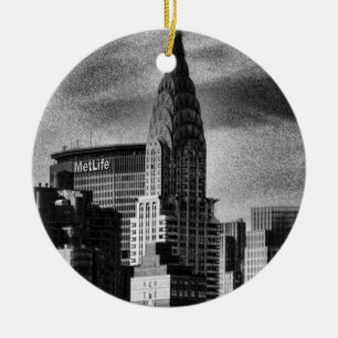 NYC-Skyline: Chrysler Building, Met Life SW Keramik Ornament