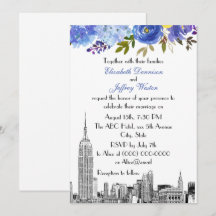 NYC-Skyline ESB-Ätzung Blau Gelb Florale Hochzeit