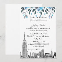 NYC-Skyline ESB-Ätzung Blau-Grau Floral-Hochzeit
