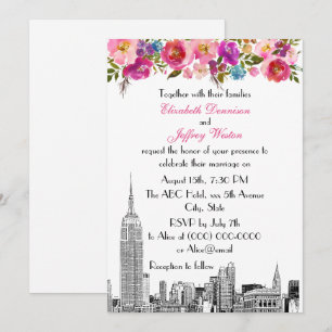 NYC-Skyline ESB-Ätzung Frühlings-Rosa Florale Hoch Einladung