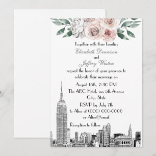NYC-Skyline ESB-Ätzung Hellrosa Grau Florale Hochz Einladung