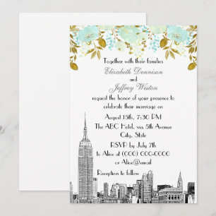 NYC-Skyline-ESB-Ätzung-Mint-Gold-Blumen-Hochzeit Einladung
