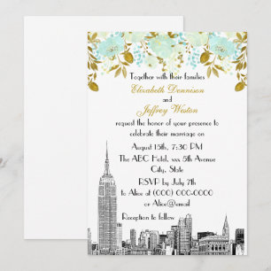 NYC-Skyline ESB-Ätzung Mint Gold Floral Hochzeit Einladung