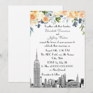 NYC-Skyline-ESB-Ätzung-Pfirsich-Blues-Blumen-Hochz Einladung