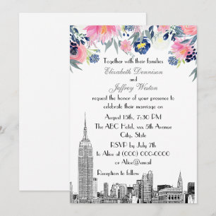 NYC-Skyline ESB-Ätzung Rosa Blau Floral-Hochzeit Einladung