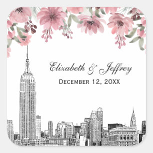 NYC-Skyline ESB-Ätzung Rosa Floral Aquarell Quadratischer Aufkleber