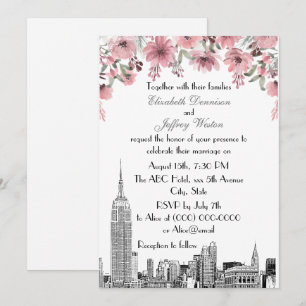 NYC-Skyline ESB-Ätzung Rosa Florale Hochzeit Einladung