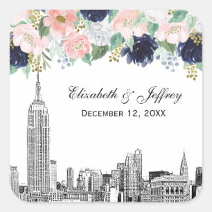 NYC-Skyline ESB-Ätzung Rosa Weiß Blau Gold Blumenm Quadratischer Aufkleber