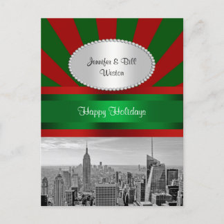 NYC Skyline ESB BW Red Gren Rays Red P Christmas Feiertagspostkarte