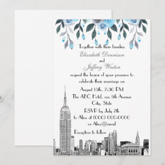 NYC Skyline ESB Etch Blue Gray Floral Wedding Einladung