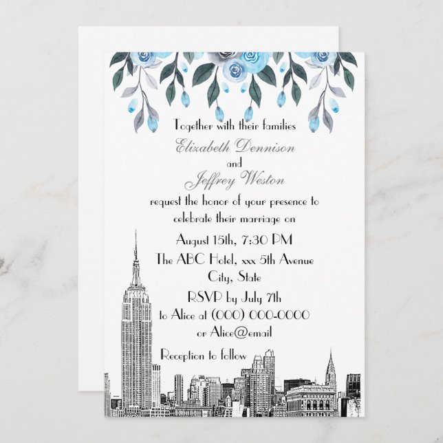 NYC Skyline ESB Etch Blue Gray Floral Wedding Einladung (Vorne/Hinten)