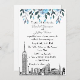 NYC Skyline ESB Etch Blue Gray Floral Wedding Einladung