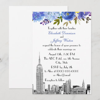 NYC Skyline ESB Etch Blue Yellow Floral Wedding Einladung