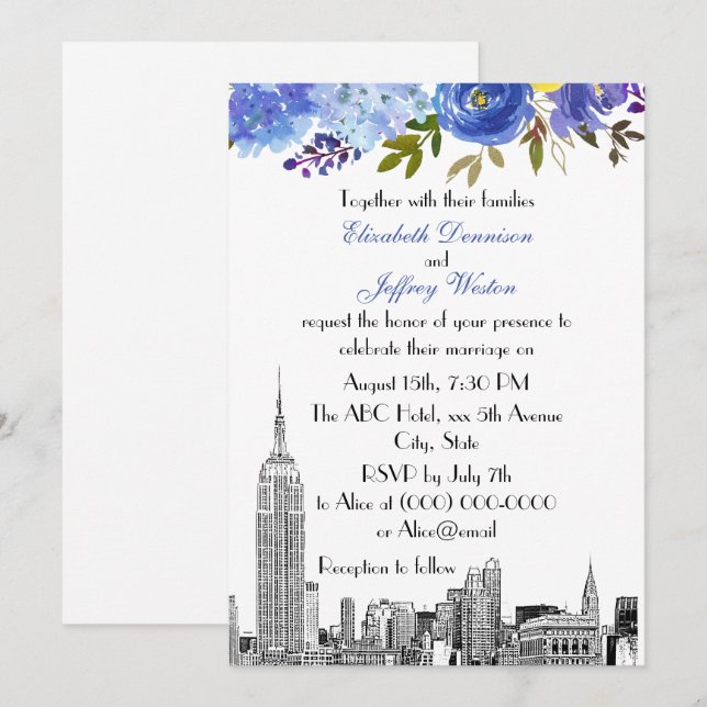 NYC Skyline ESB Etch Blue Yellow Floral Wedding Einladung (Vorne/Hinten)