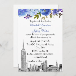 NYC Skyline ESB Etch Blue Yellow Floral Wedding Einladung