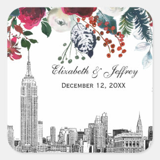 NYC Skyline ESB Etch Burgundy Grn Floral Watercole Quadratischer Aufkleber