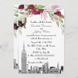 NYC Skyline ESB Etch Burgundy Pink Floral Wedding Einladung