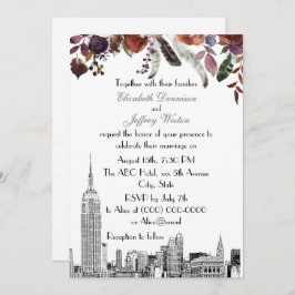 NYC Skyline ESB Etch Burgundy Plum Floral Wedding Einladung
