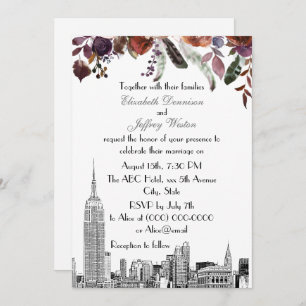 NYC Skyline ESB Etch Burgundy Plum Floral Wedding Einladung