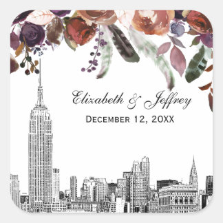 NYC Skyline ESB Etch Burgundy Plum Floral Wedding Quadratischer Aufkleber