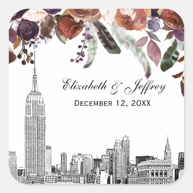 NYC Skyline ESB Etch Burgundy Plum Floral Wedding Quadratischer Aufkleber (Vorderseite)