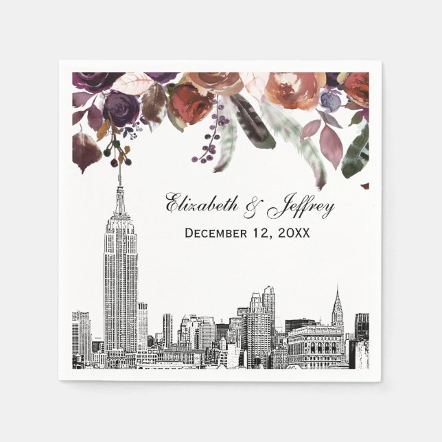 NYC Skyline ESB Etch Burgundy Plum Floral Wedding Serviette (Vorderseite)
