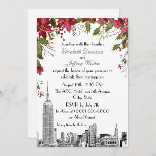 NYC Skyline ESB Etch Holly Poinsettia Wedding Einladung