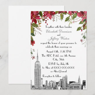 NYC Skyline ESB Etch Holly Poinsettia Wedding Einladung