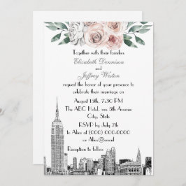 NYC Skyline ESB Etch Lt Pink Gray Floral Wedding Einladung